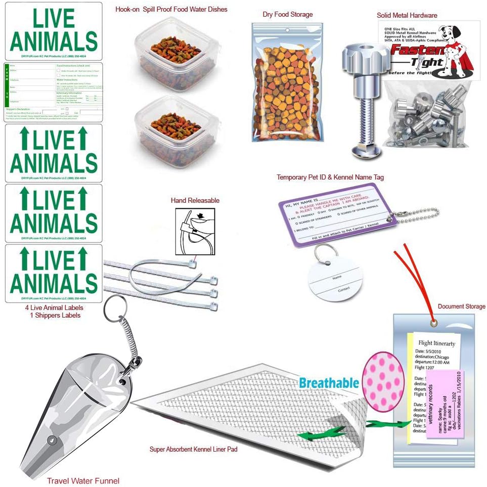 Complete - MD Deluxe Pet Airline Travel Kit with Pad, Dishes, Live Animal Labels, Water Funnel, Metal Nut Bolts, Name tag, Travel Document Holder - Image 3