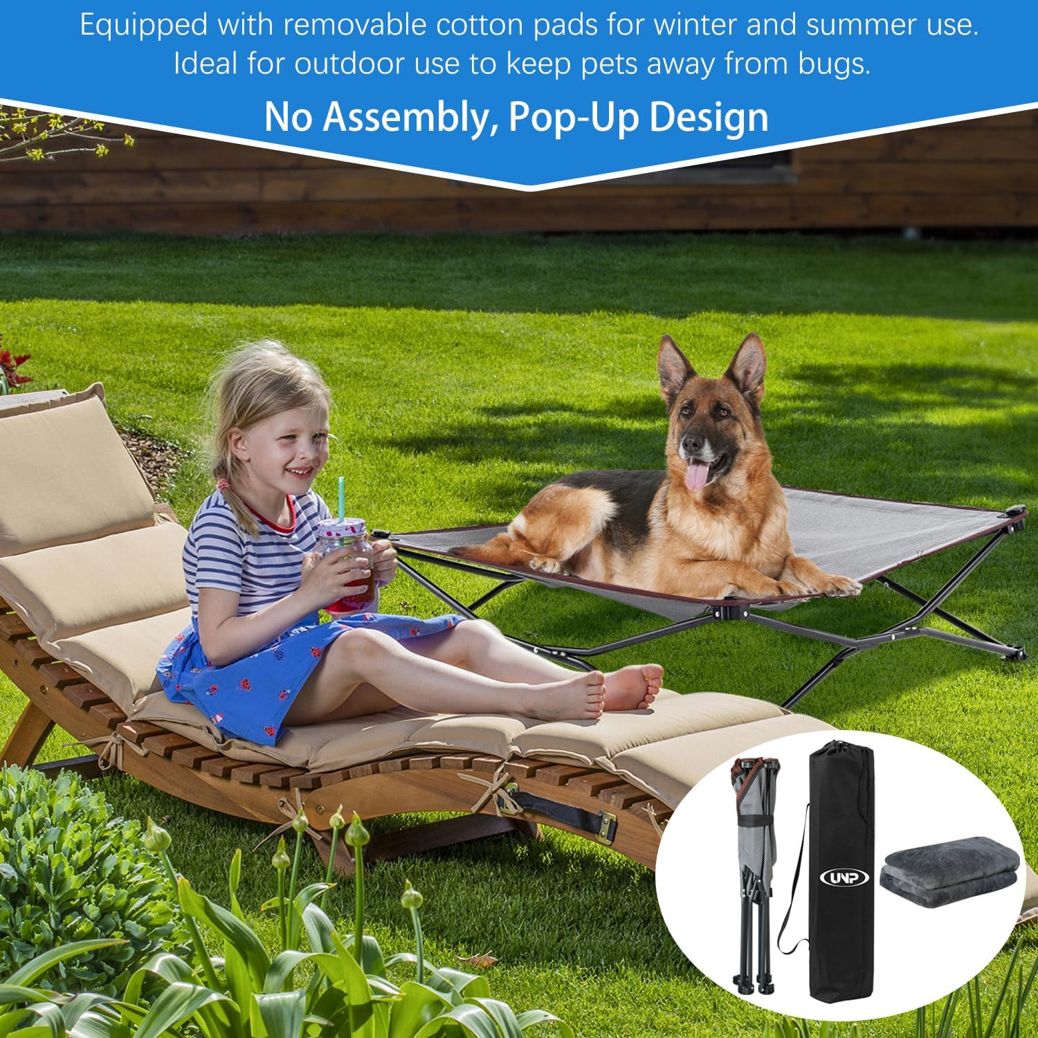 unp Foldable Dog Bed Pop up - 36 x 36 x 10 inch Elevated Pet Cot Outdoor Breathable - Removable Plush Pad & Carrying Bag Raised Dog Camping Bed (Grey, L PRO) - Image 2