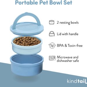 KindTail Dog Travel Bowls – Set of 2 Portable Pet Food & Water Dishes with Lid & Handle – Each Nesting Container Includes a Non-Slip Silicone Base – Microwave & Dishwasher Safe – BPA & Toxin-Free