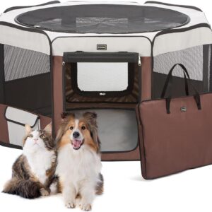 DONORO Dog Playpen Portable Pet Play Pens for Small Dog/Cat/Rabbit/Chicks, Cat Playpen Indoor/Outdoor with Carring Case, Removable Zipper Top and Bottom (Brown, Small (28"x28"x14"), 8)