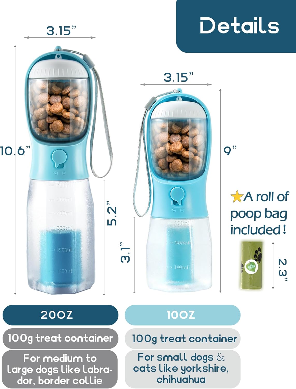 Portable Water Bottle for Dogs, 3 in 1 Pet Travel Bowl Dispenser with Food Treat Container & Poop Bag Holder, Summer Outdoor Walking Hiking Accessories for Large Dog On The Go - Pink, 20oz - Image 7