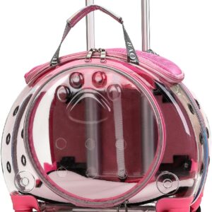 Portable Pet Trolley Case, Transparent Cat and Dog Carrier with Ventilation Holes and Silent Wheels, Travel Backpack with Large Interior, Rolling Pet Carrier for Cats Dogs Small Pets Pink