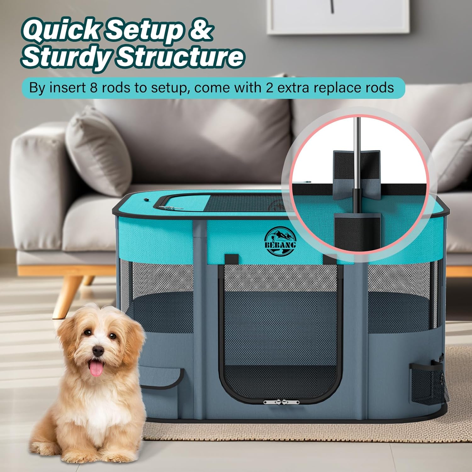 Puppy Playpen Cat Dog Crate: Play Pen Indoors Pet Playpens Portable Foldable Cage Kennel House for Medium Small Medium Kitten Rabbit Guinea Pig Hamster with Food Bowl (M) - Image 3