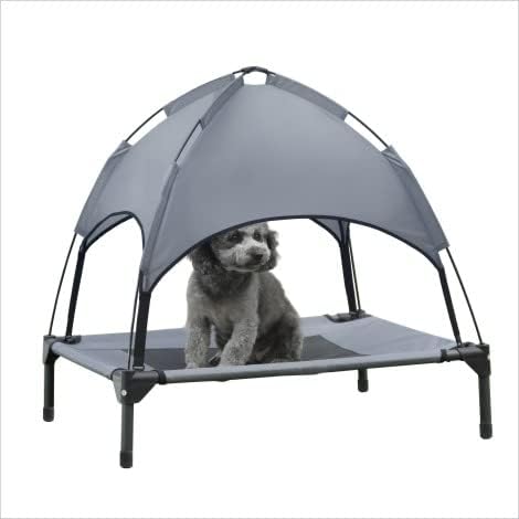 Small Elevated Dog Bed with Canopy - Upgraded 30IN Outdoor Raised Dog Cot Bed with Removable Shade Tent, Pet Cot Gray(S Size)