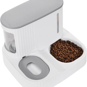 Automatic Cat Feeder,Gravity Auto Timed Pet Dry Food Self Feeding Container Dishes Bowl and Water Dispenser Fountain for Dog Puppy Kitten Kit Set Integrated 2 in 1 Continuous Tray(Grey)