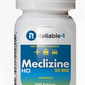 RELIABLE 1 LABORATORIES Meclizine 25 mg Generic Bonine Motion Sickness (100 Chewable Tablets, 1 Bottle) - Prevent nausea, vomiting, and dizziness caused by motion sickness