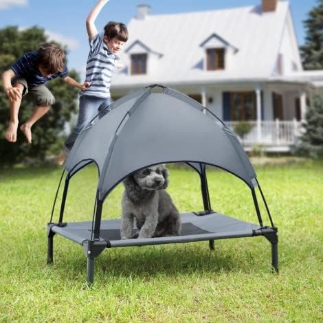Small Elevated Dog Bed with Canopy - Upgraded 30IN Outdoor Raised Dog Cot Bed with Removable Shade Tent, Pet Cot Gray(S Size) - Image 7