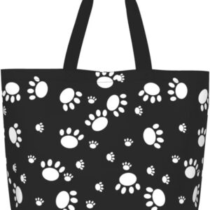Funny Dog Theme Tote Bag for Women, Cute Paw Print Shoulder Reusable Beach Shopping Handbags Casual Travel Eco Friendly Waterproof Tote Bag Gifts for Dog Lovers Teacher Mother -Large