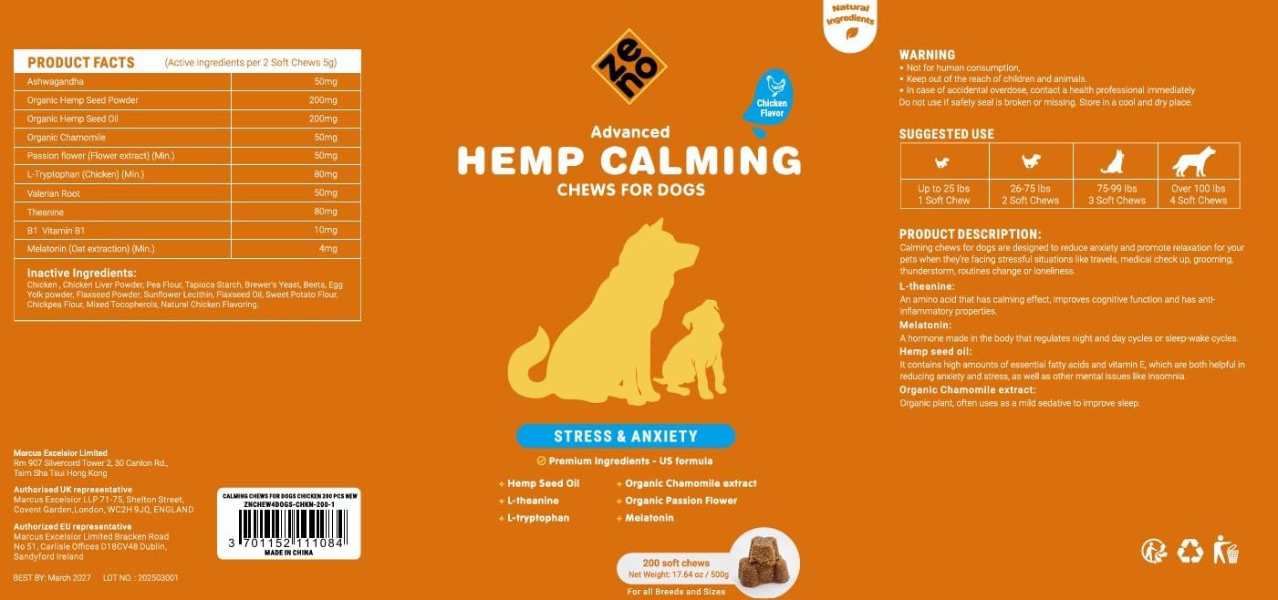 ZENO Hemp Calming Chews for Dogs Anxiety 200 pcs - Chicken Flavored - Anxiety Relief - Calming Chews Treats - Melatonin for Dogs - for Stress, Travel, Check-up, Barking or Grooming - Image 8