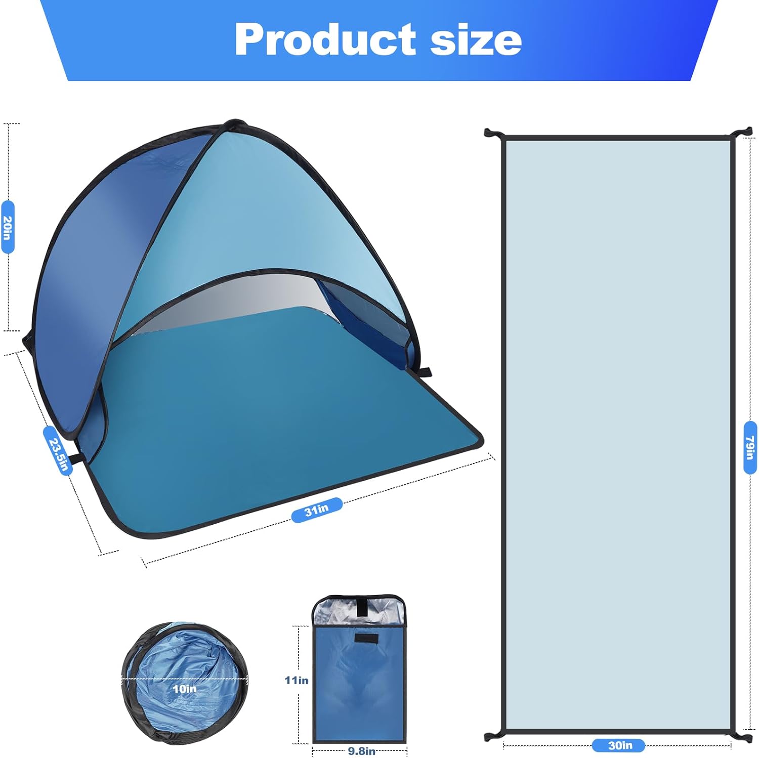 Beach Tent for Pet Shade Pop Up Portable Mini Head Sun Shelters Canopy with Beach Blanket for Camping Outdoor Hiking Picnic Windproof Waterproof with Tent Nails Phone Stand (Blue) - Image 3