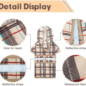 KOOLTAIL Dog Raincoat Hooded Slicker Poncho with Leash Hole, Raincoat for Small Medium Dogs, Waterproof Doggie Rain Jacket with Reflective Strip, Adjustable Breathable Plaid Puppy Rainwear-Beige