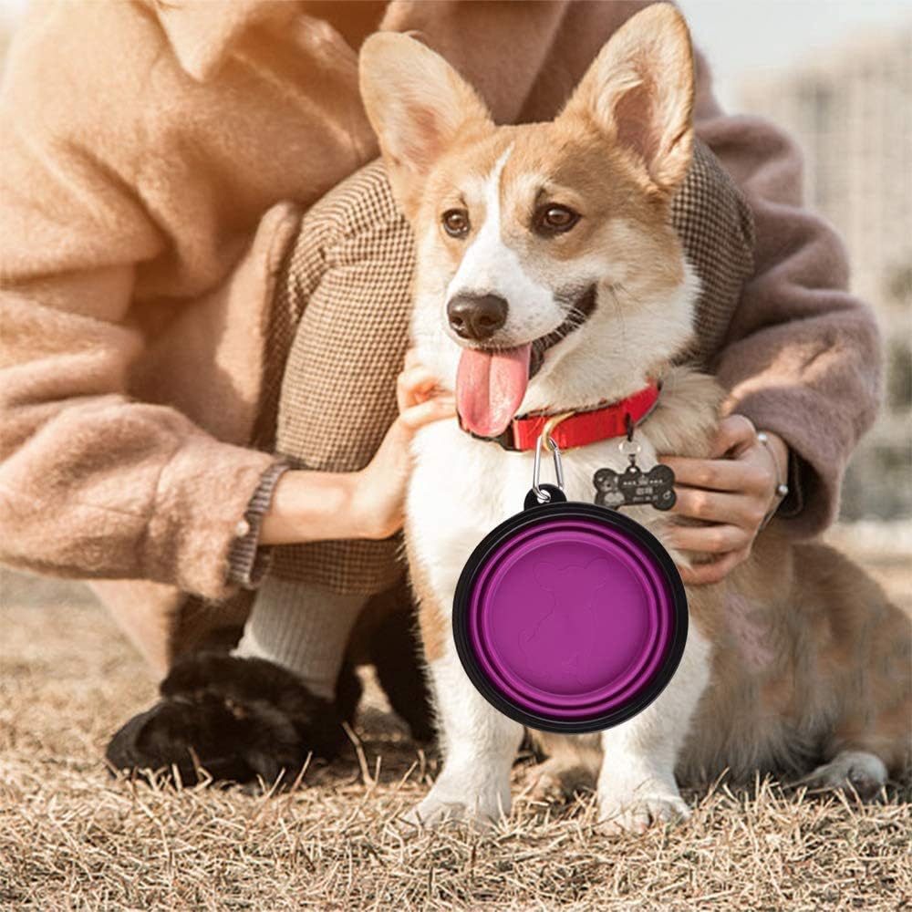 Large Collapsible Dog Bowls, 34oz Travel Water Food Bowls Portable Foldable Collapse Dishes with Carabiner Clip, 2 Pack (Purple+Red) - Image 3
