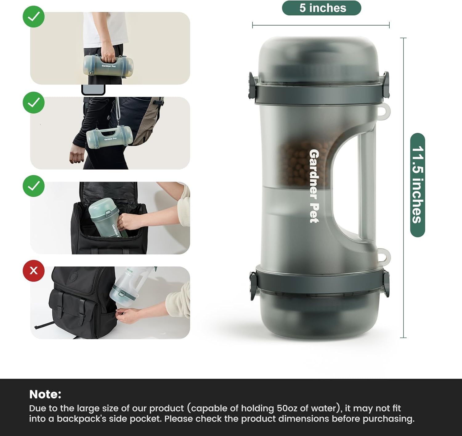 Gardner Pet Portable Dog Water Bottle&Food Container (49.6oz) – Leakproof Travel Water Bottle for Medium/Large Dogs (30+ lbs) Hiking, Camping, Beach – 2 Collapsible Bowls & Shoulder Strap (Grey) - Image 5