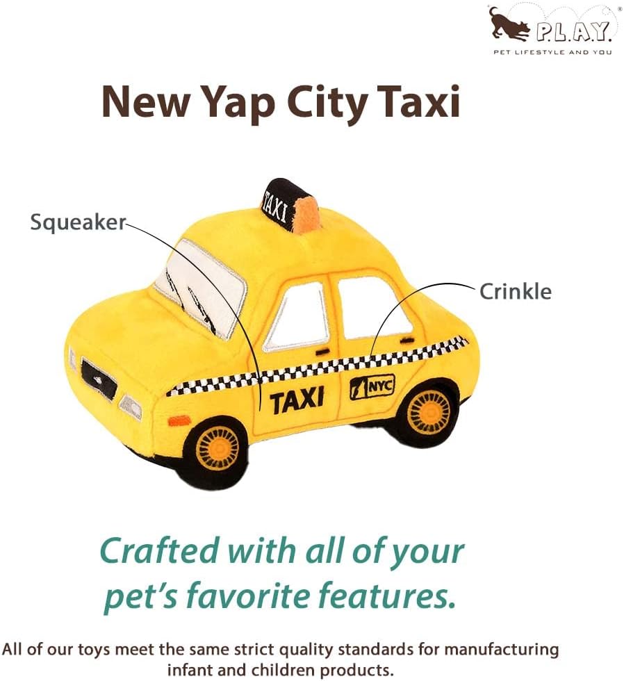 P.L.A.Y. Cute Plush Dog Toys - Canine Commute, Travel Themed Durable Squeaker Chew Toy, Great for Puppies & Small, Medium, Large Dog Breeds - Machine Washable, Recycled Materials (New-Yap City Taxi) - Image 2