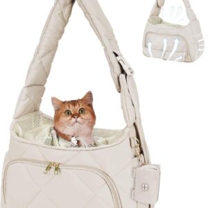 OFY Dog Carrier Sling Puppy Breathable with Adjustable Hand-Free Fluffy Pet Slings for Small Dogs Cats with Travel Safety Harness Lotus, Beige Gray Patent Pending