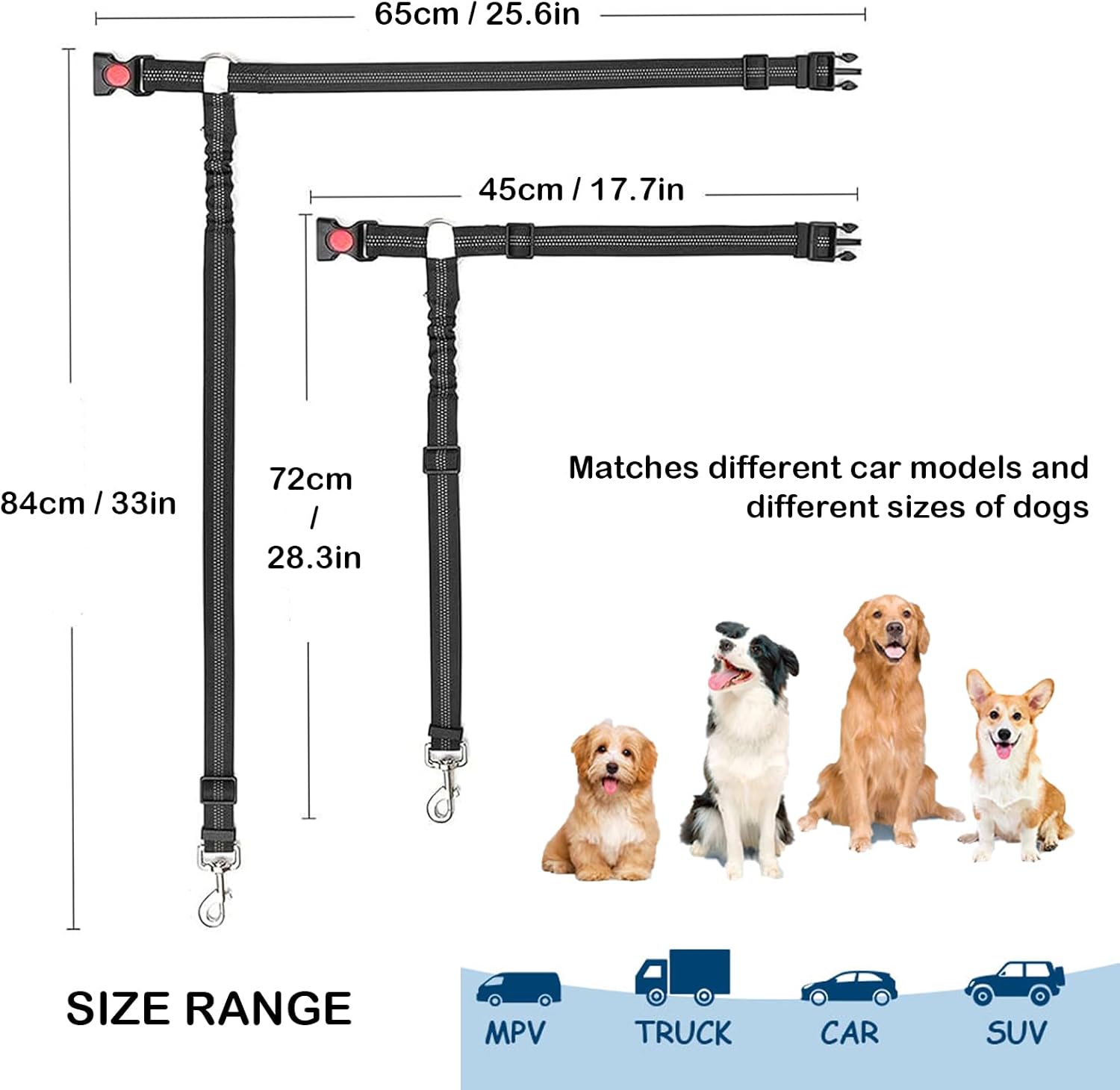Removable Dog Seat Belt Harness for Car, 3 in 1 Pet Car Seatbelt Leash, Retractable Restraint Secures to Vehicle Headrest & Adjustable Reflective Dog Seatbelt Tether (Black, 1pcs) - Image 2