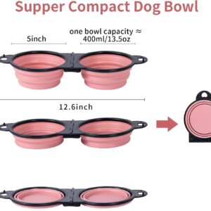 SLSON Collapsible Dog Dual Bowls Reinforced Rim 180 Degrees Flip Over Foldable Double Bowl with Lock Clips More Stable Dog Travel Bowls Pet Food Water Feeder (Light Pink)