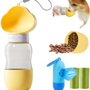 Convenient Dog Water Dispenser & Bowl - Leak Proof, Pet Food Container, Dog Poop Bags for Walking, Hiking & Travel (Yellow)