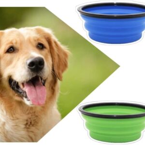 Dog Bowl Pet Collapsible Bowls, Portable Pet Feeding Watering Dish for Walking Parking Traveling with 2 Carabiners, 2 Pack for Cats Dogs (Green+Blue)