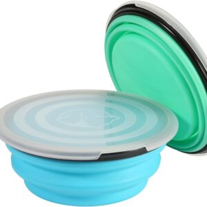 SLSON Collapsible Bowl with Cover Lids,2 Pack Dog Travel Bowls Portable Foldable Cat Water Dish Bowl for Pets Walking Parking Camping (Light Blue and Green, Small)