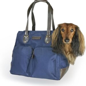 DJANGO Dog Carrier Bag Medium - Waxed Canvas and Leather Soft Dog Travel Carrier - Navy Blue Travel Tote Bag for Pets with Harness Safety Tether, Secure Zipper Pockets, and Water-Resistant Lining