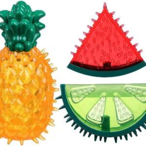 HomeSoGood 3Pcs Dog Cooling Chew Toys,Cooling Teething Toy for Puppies,Summer Interactive Squeaky Toys,Small and Medium Pet Treat Training Tools,Watermelon Pineapple Fruits Shape Teething Toys