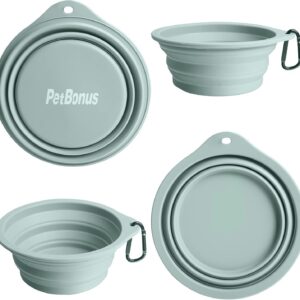 PetBonus 2-Pack Silicone Collapsible Dog Bowls, BPA Free Dishwasher Safe, Portable Foldable Expandable Travel Bowl, Food Water Feeding Cup Dish for Dogs Cats with 2 Carabiners (Turquoise, Tan)