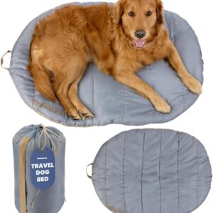 Travel Dog Bed (42″ x 30″) – Foldable, Packable Camping Dog Bed – Water Resistant, Cozy & Durable Mat with Soft Padding – Compact, Portable & Machine Washable – Large & Small Breeds – Grey