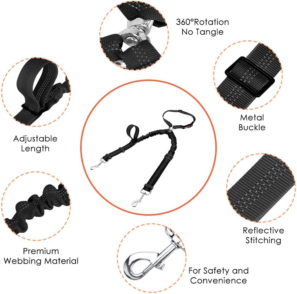 Double Dog Seat Belt, New Dual Pet Car Headrest Restraint Safety Seatbelt No Tangle Dog Leash Duty Adjust Elastic Bungee Puppy Lead Splitter Connect Harness in Vehicle Travel for 2 Dogs - Image 5