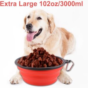 Extra Large Collapsible Dog Bowl, 3L XL Travel Dog Bowl, Foldable Travel Water Dish, 102oz X-Large Portable Collapsable Traveling Bowls with Carabiner for Dogs Walking, Hiking (Red)