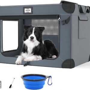 36 Inch Soft Dog Crates, Portable Travel Crate for Large Dogs, 3-Door Foldable Soft Kennel with Mesh Windows for Indoor & Outdoor Travel, with Soft Blanket and a Foldable Bowl