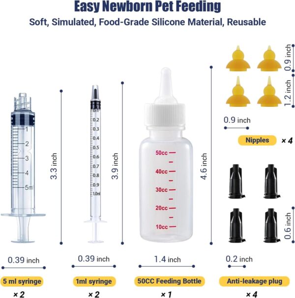 Kitten Bottle Feeding Kit, Pet Bottle, Silicone Nipples, 10 FR Feeding Tube, Pet Pill Shooter, Aspirator Bulb, Small Animal Feeding Supplies, for Tiny Animal, Kitten, Puppy, Rabbit, Squirrels - Image 3