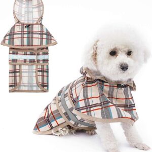 KOOLTAIL Dog Raincoat Hooded Slicker Poncho with Leash Hole, Raincoat for Small Medium Dogs, Waterproof Doggie Rain Jacket with Reflective Strip, Adjustable Breathable Plaid Puppy Rainwear-Beige