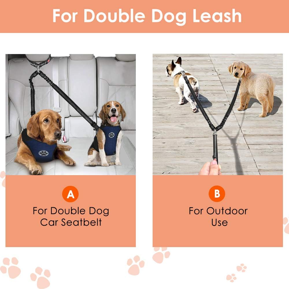 Double Dog Seat Belt, New Dual Pet Car Headrest Restraint Safety Seatbelt No Tangle Dog Leash Duty Adjust Elastic Bungee Puppy Lead Splitter Connect Harness in Vehicle Travel for 2 Dogs - Image 4