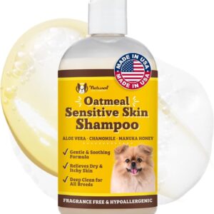 Natural Dog Company Oatmeal Dog Shampoo – Anti-Itch Shampoo for Dogs with Sensitive Skin, Aloe & Oatmeal Formula for Itchy Skin & Dandruff Relief, Safe for Puppies, 12 oz