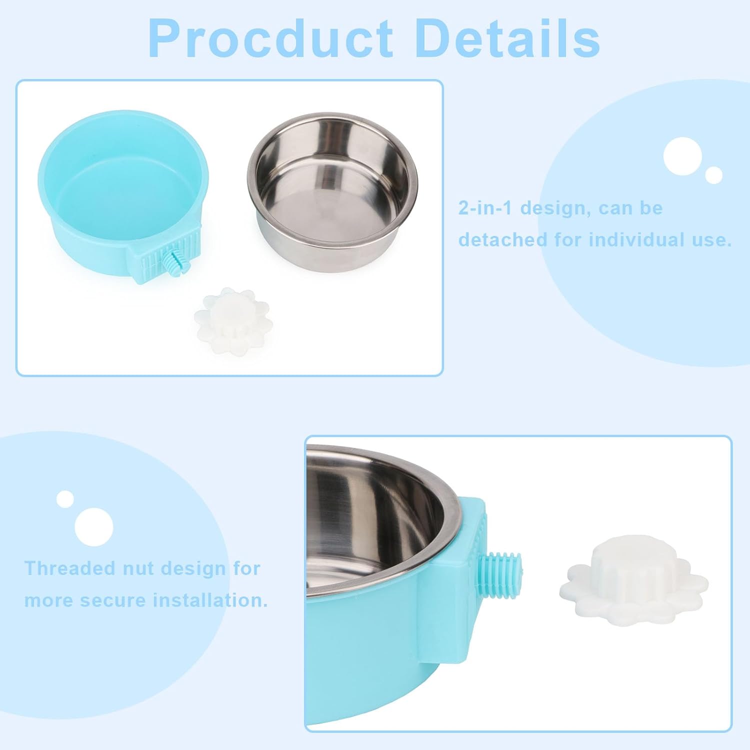 Crate Dog Bowl,Removable Stainless Steel Kennel Water Hanging Food & Water Feeder Crate Water Bowl No Spill for Puppy,Cat,Rabbit,Guinea Pig (Blue) - Image 2