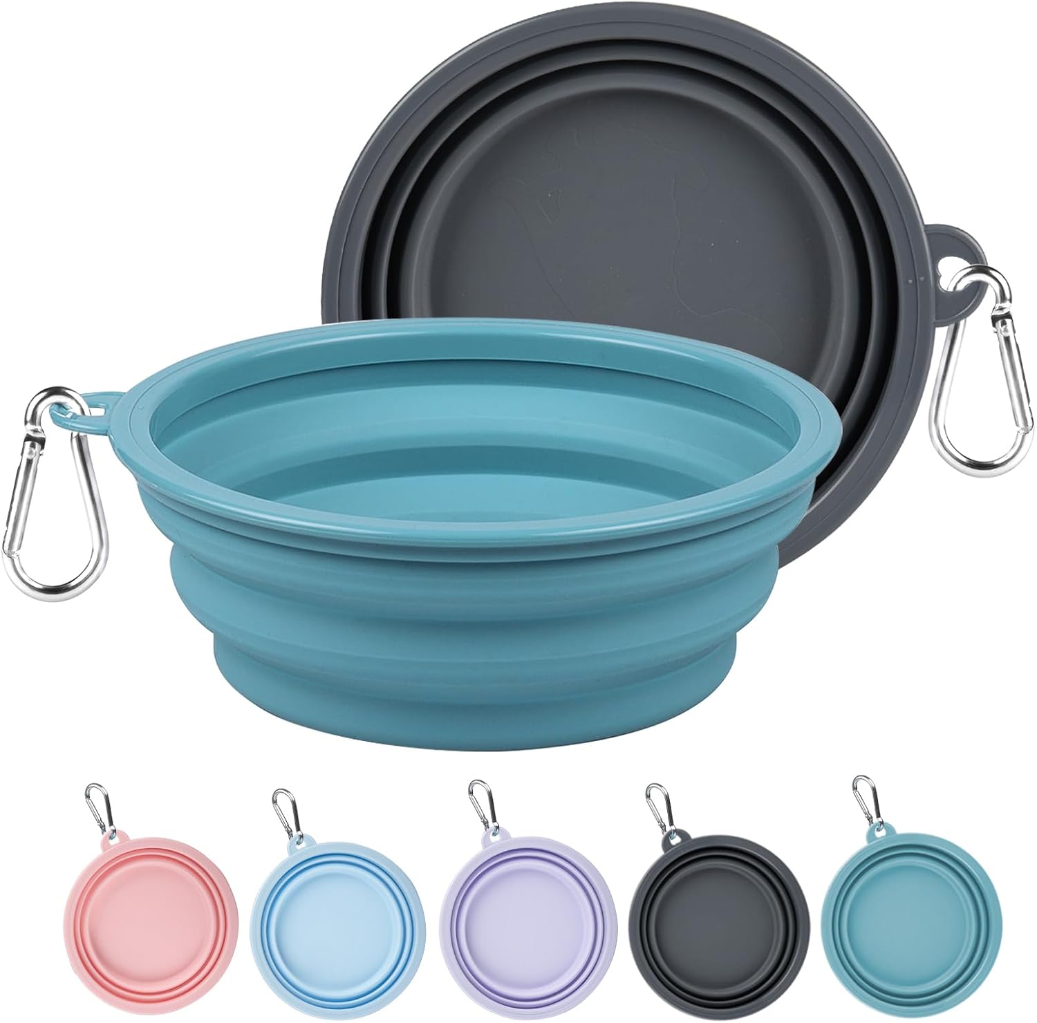 Kytely Collapsible Dog Bowls 2 Pack (650ml) - Portable Travel Pet Food & Water Bowls with Carabiner Clip, Foldable Feeding Dish for Dogs Cats, Hiking Walking Camping (Blue+Grey)