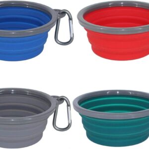 2 Pack,12 oz Collapsible Silicone Dog Bowls,Foldable Travel Dog Feeder with Plastic Rim and D-Ring,Portable Basic Dog Bowl,Foldable Feeding Watering pet Supplies (Green)