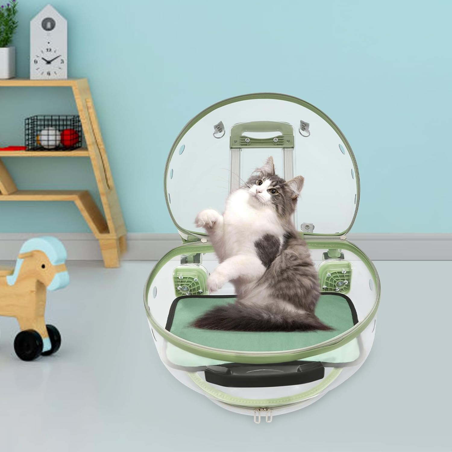 Transparent & Fully Breathable Hard Cat Carrier with Rolling Wheels, Multiple Carrying Carrier for Cats, Dogs, Or Bunnies for Traveling, Taking a Walk, Applicable Weighing up to 19.84lbs (Green,Clear) - Image 7