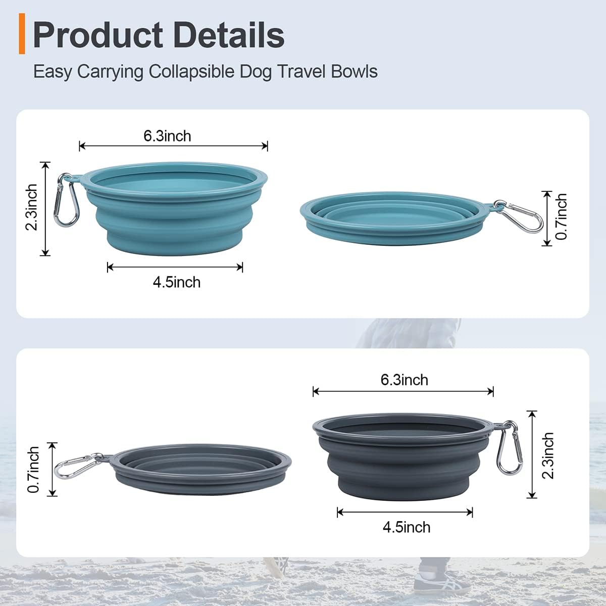 Kytely Collapsible Dog Bowls 2 Pack (650ml) - Portable Travel Pet Food & Water Bowls with Carabiner Clip, Foldable Feeding Dish for Dogs Cats, Hiking Walking Camping (Blue+Grey) - Image 3