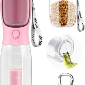 20oz Dog Water Bottle with Food Container & Poop Bag Dispenser | Leak-Proof Portable Pet Water Dispenser with Carabiner Clip | for Walking, Hiking, Travel
