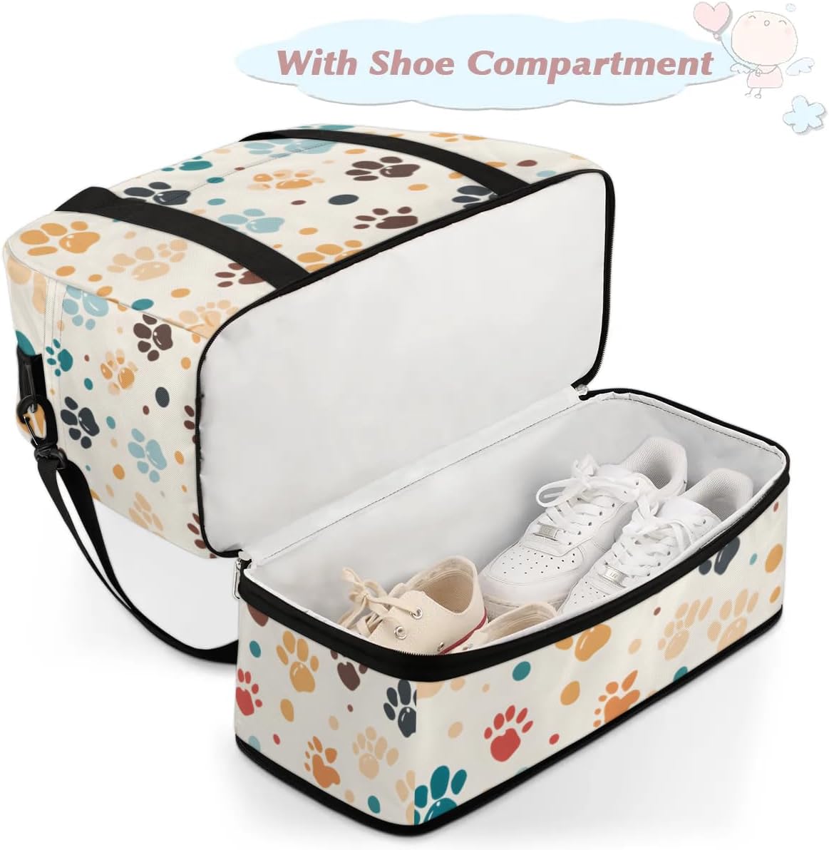 Foldable Travel Duffel Bag, Expandable Weekender Overnight Carry on Bags with Shoe Compartment Sport Tote Gym Luggage for Women Men, Dog Paws - Image 4