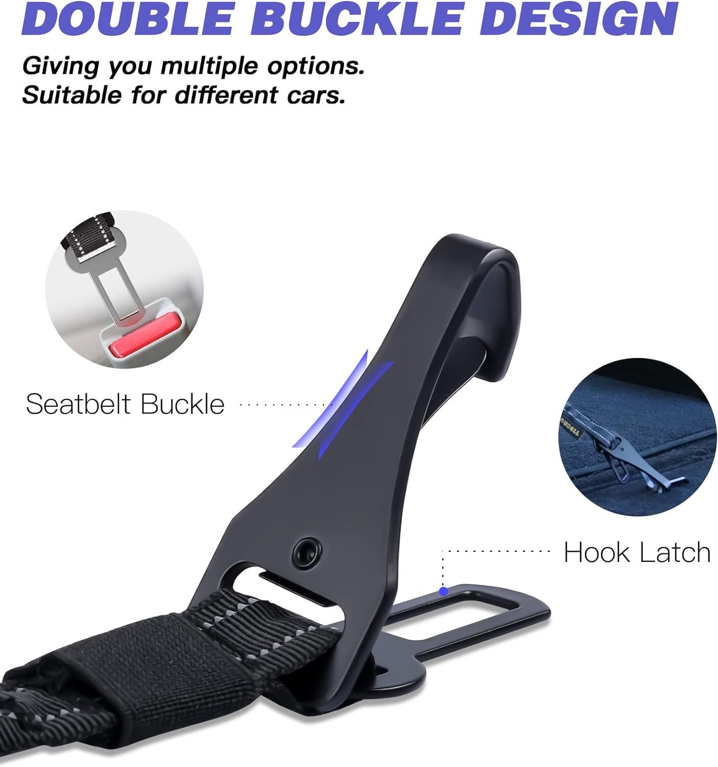AUBELL Dog Seat Belt for Car,Updated 3-in-1 Adjustable Reflective Bungee Heavy Duty Dog Car Harness Tether with Clip Hook Latch & Buckle,Swivel Zinc Alloy Carabiner,Black - Image 3
