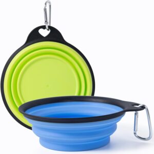 SLSON Dog Bowls Collapsible Pet Travel Feeder, 2Pack Integrated Molded Reinforced Rim Cat Water Dish Lightweight Foldable Food Dispenser for Pets Walking Parking Camping,Green and Blue,Small