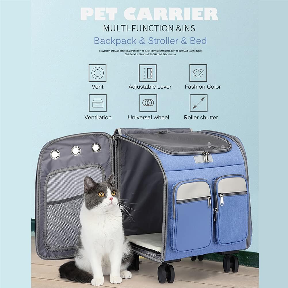 Wheeled Pet Carrier Backpack Pet Stroller, Travel Carrier, Car Seat for Small Dogs Cats Puppies, Comfort Cat Backpack Removable Rolling Wheels – Mesh Ventilation Windows (Large Blue) - Image 5