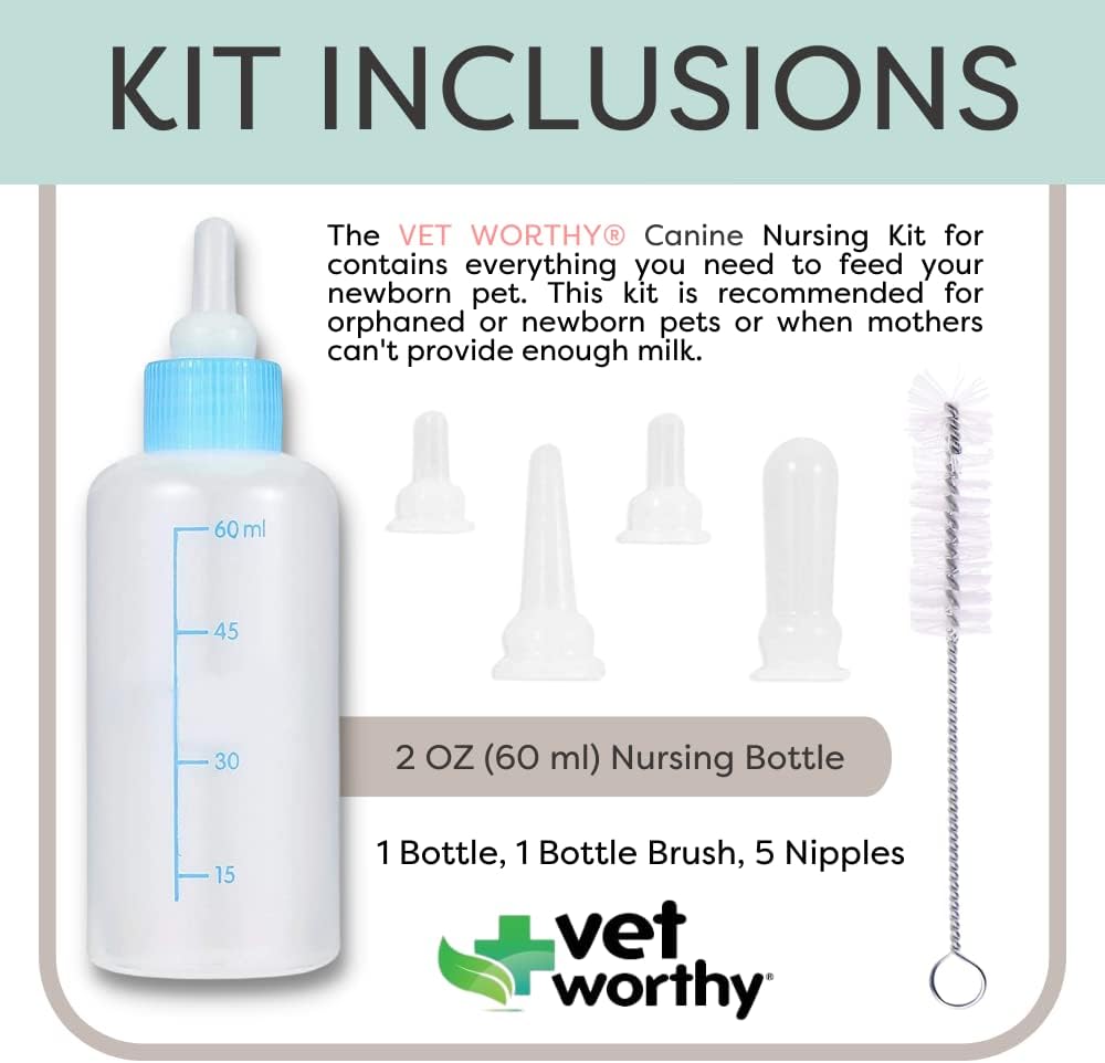 Vet Worthy 7-Piece Canine Nursing Kit - Dog Nursing Set for Orphaned and Newborn Puppies - Pet Feeding Support Kit with Feeding Bottle, Milk Bottle Brush, and 5 Nipples - Image 3