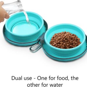 KALLAK Collapsible Silicone Twin Bowls with Zipper Silicone Case, 2 in 1 Portable Travel Dog Feeder, Pop Out Non-Skid Food and Water Bowl with Carabiner Clip