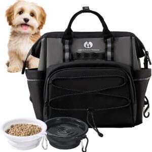 Dog Travel Bag, Airline Approved Pet Supplies Backpack, Dog Travel Backpack Accessories Set with 2 Silicone Collapsible Bowls and 1 Leash Clip for Camping, Road Trips & Weekends Away（Black）