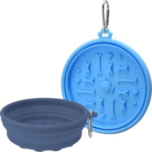 2-Pack Collapsible Dog Bowls with Suction Cups & Scraper - 16oz Travel Pet Bowls for Food/Water, Non-Slip Feeding Dish for Dogs, Includes Carabiner Clip Blue&Grey