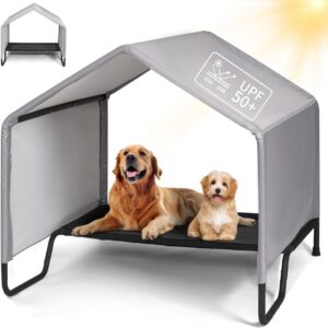Outdoor Dog Bed with Canopy, Dog Shade Shlter for Outside for Small Medium Large Dogs, Waterproof Sun Protection Dogs House with Bed, Sun Rain Pet Tent for Dogs Cats, Grey, 41.7x39.8x39.5 in